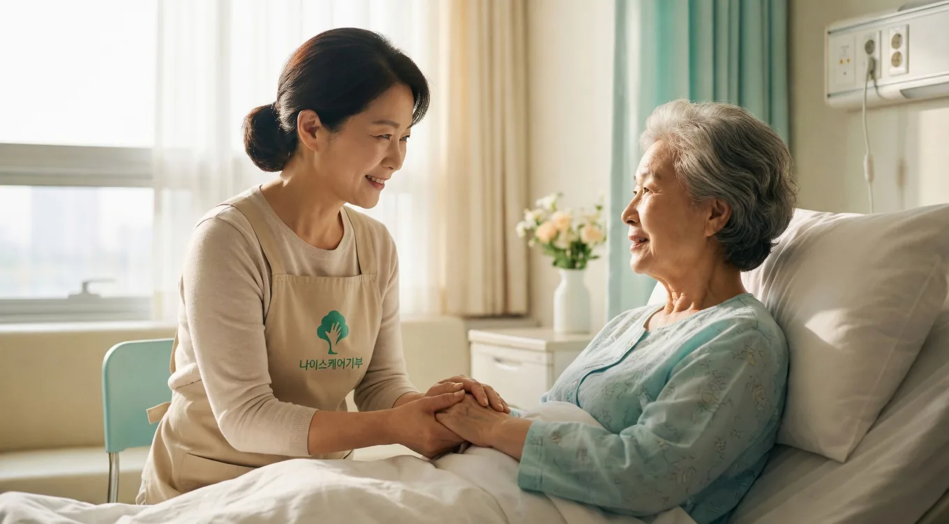 간병인이 병실에서 환자와 손을 잡고 대화하는 모습